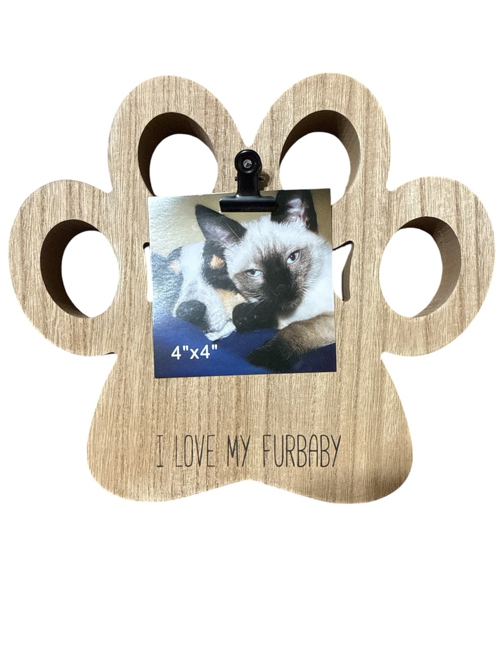 Paw-Shaped Wooden Photo Clip Frame - "I Love My Furbaby" - Natural Wood